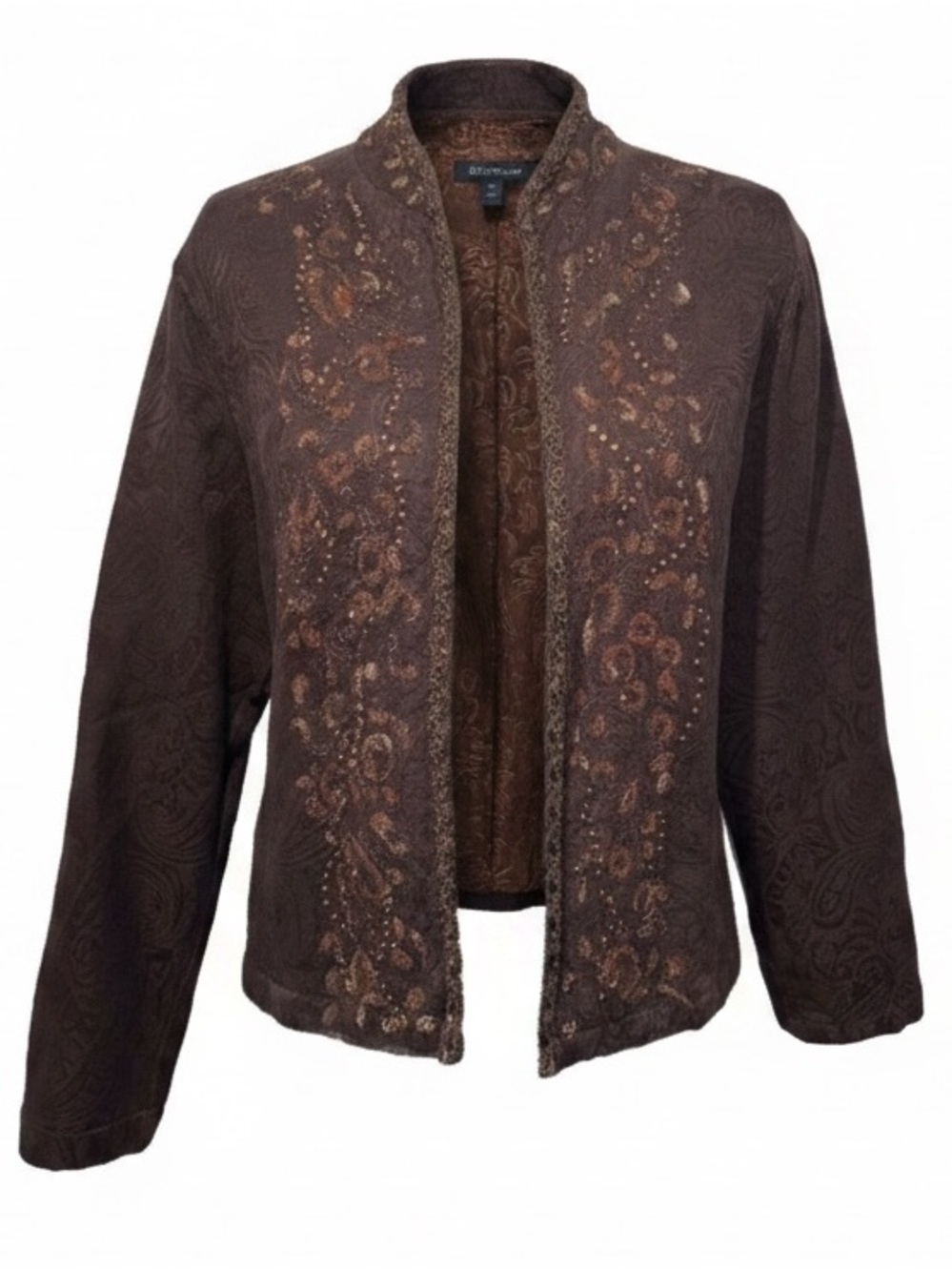 Chicos Brown Open Front Embellished Jacket Womens size 2